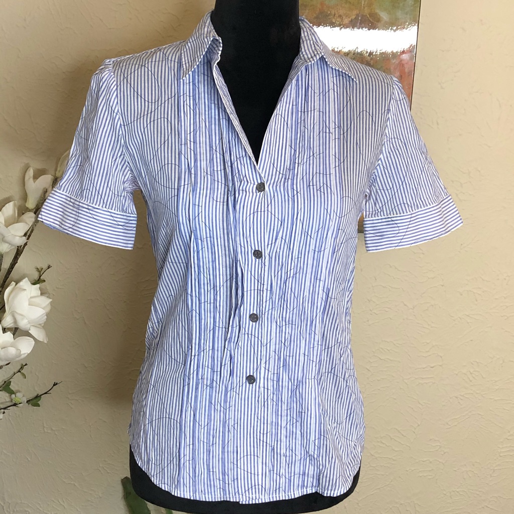 Flash Saletheory Silk Cotton Blue & White Striped Button Down Blouse Small.
